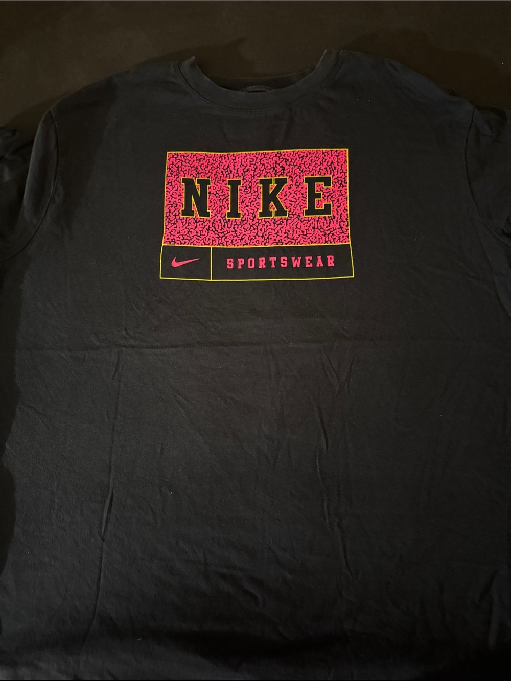 Nike Men’s Black Tee with Pink and Yellow Sportswear Box Graphic